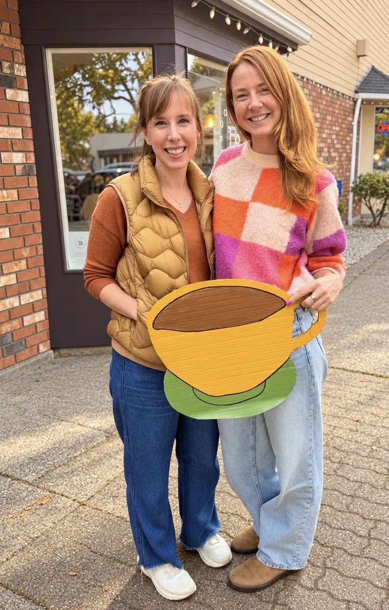 Maxine and Katie smiling outside a café, holding a big painted coffee cup sign